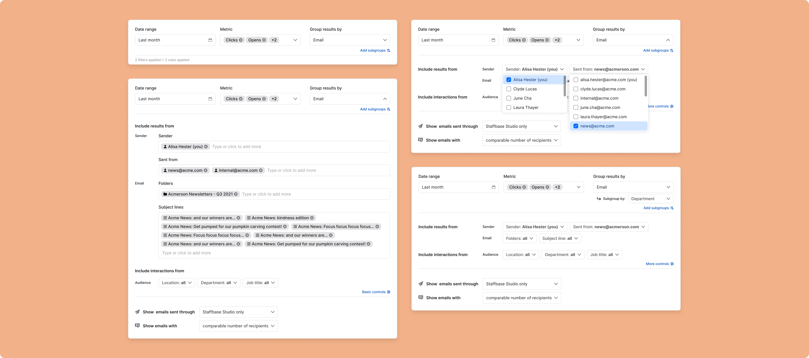 Report generator states in Staffbase UI style.