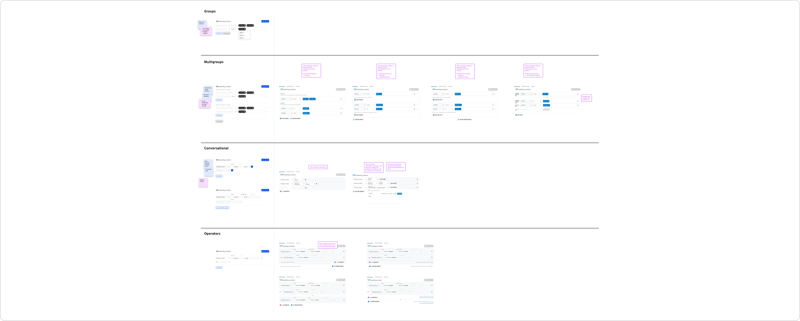 Wireframes and explorations for filter controls.