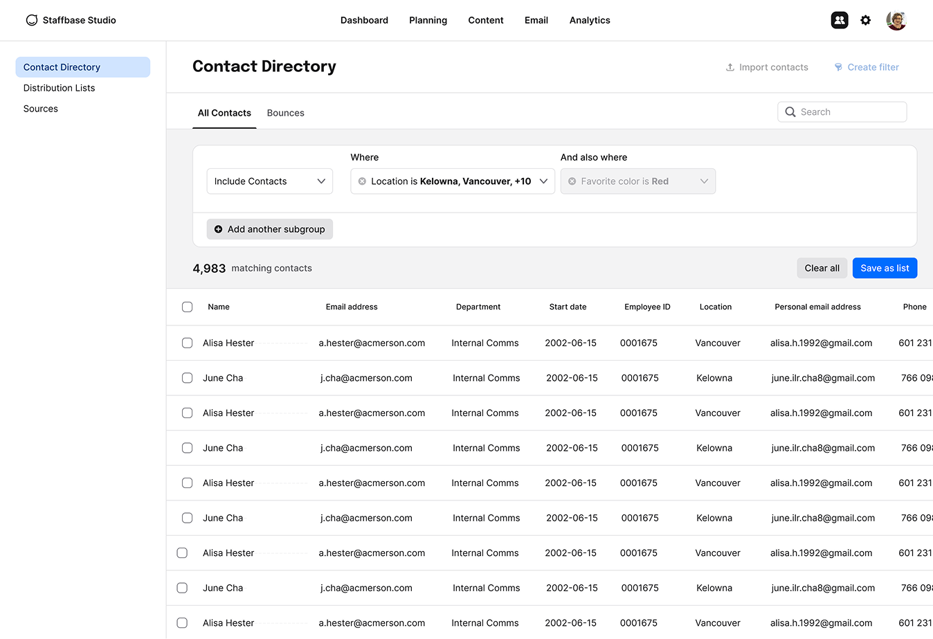 Recipients list filtering interface