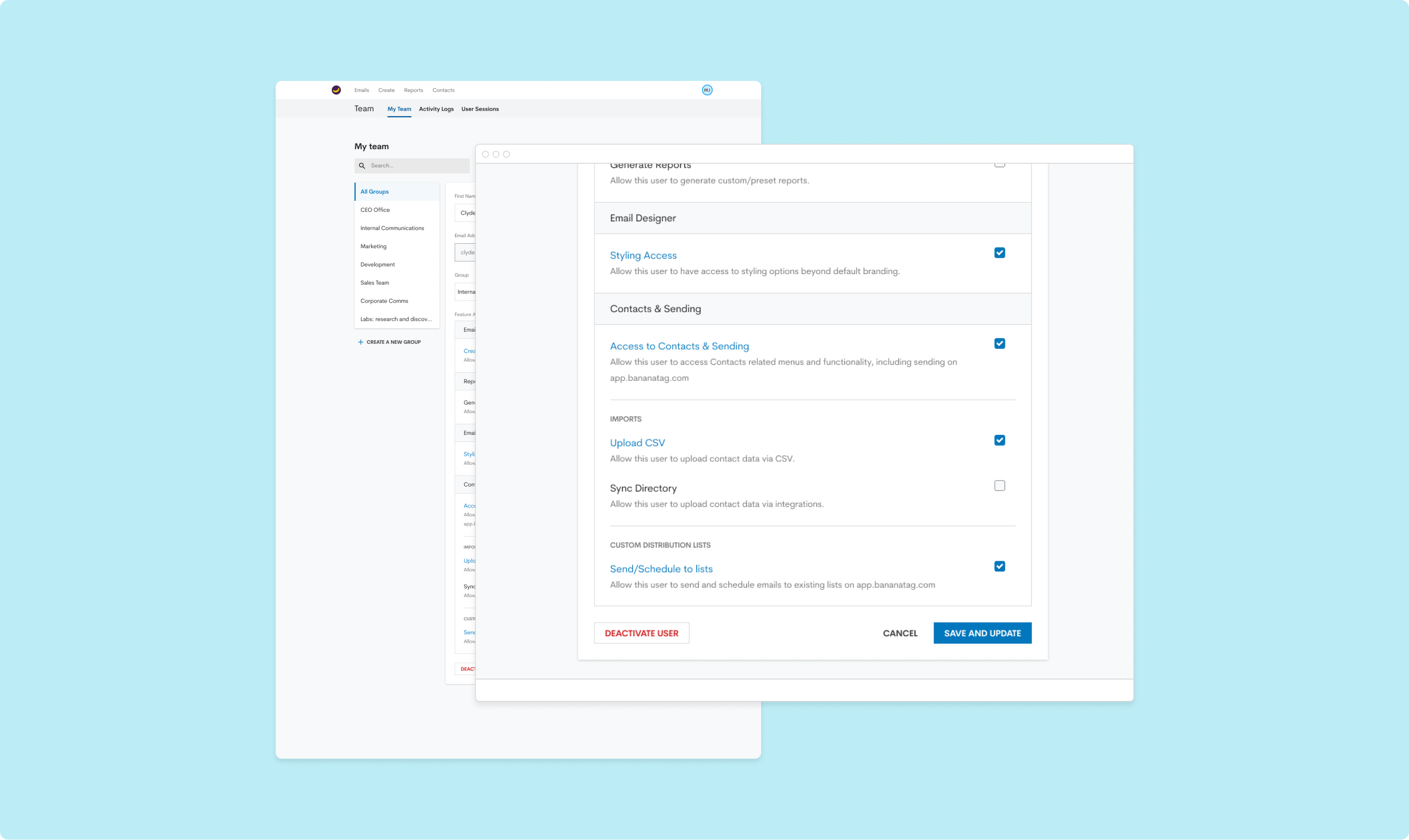 User permissions in the Teams area.