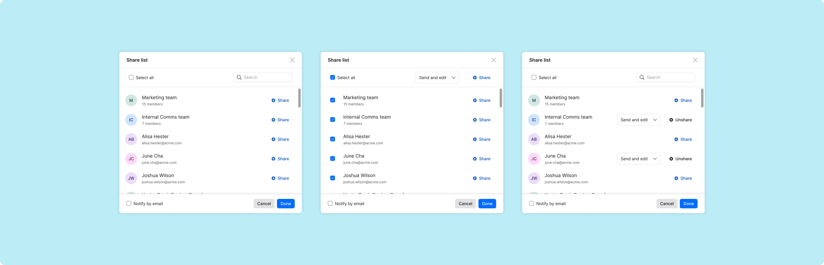 Exploration of the Share modal in Staffbase Studio style.