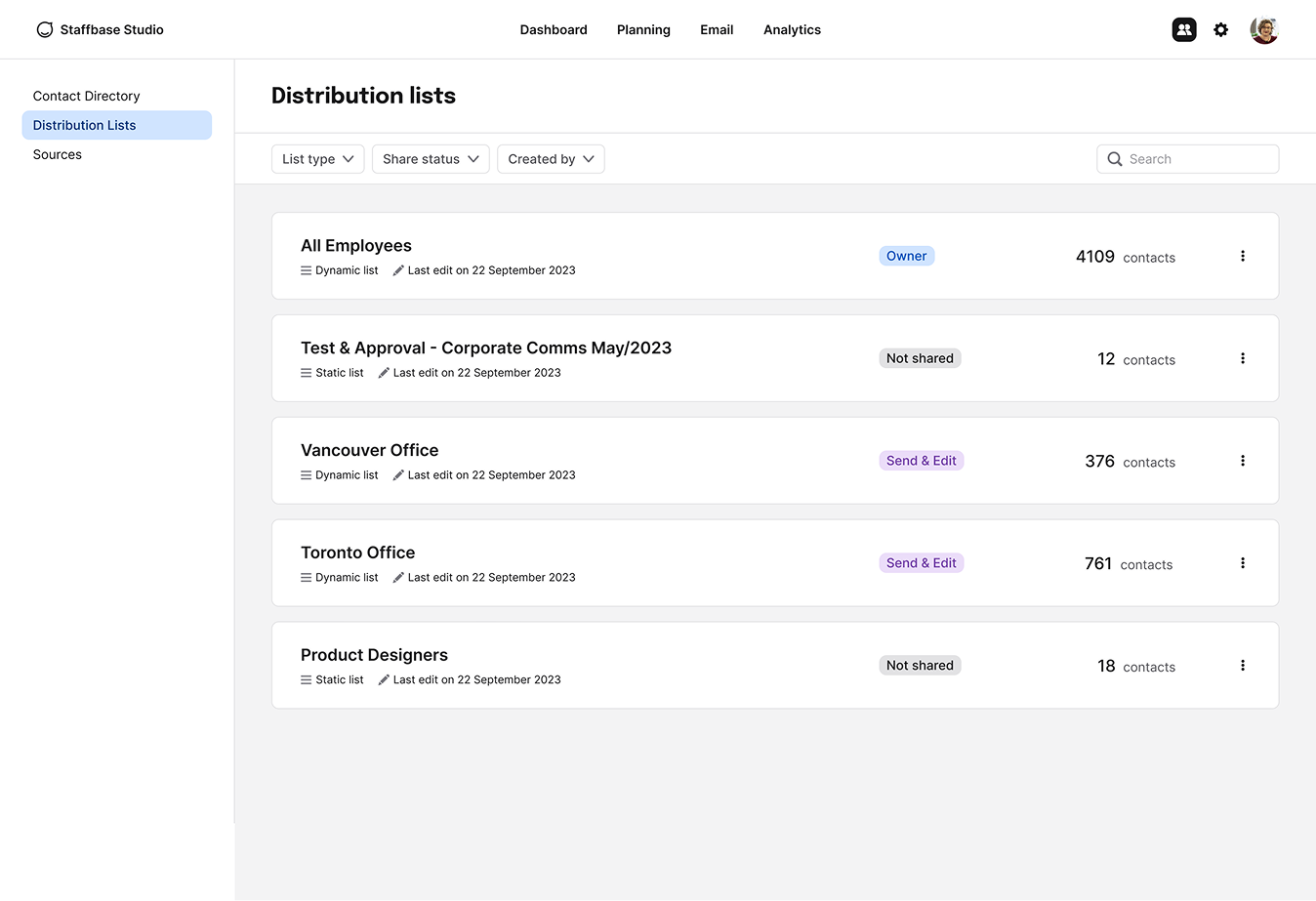 List sharing controls interface